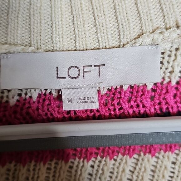 LOFT V-Neck Sweater with Pink, Green, and Cream Stripes Loose Knit Medium - Picture 5 of 8